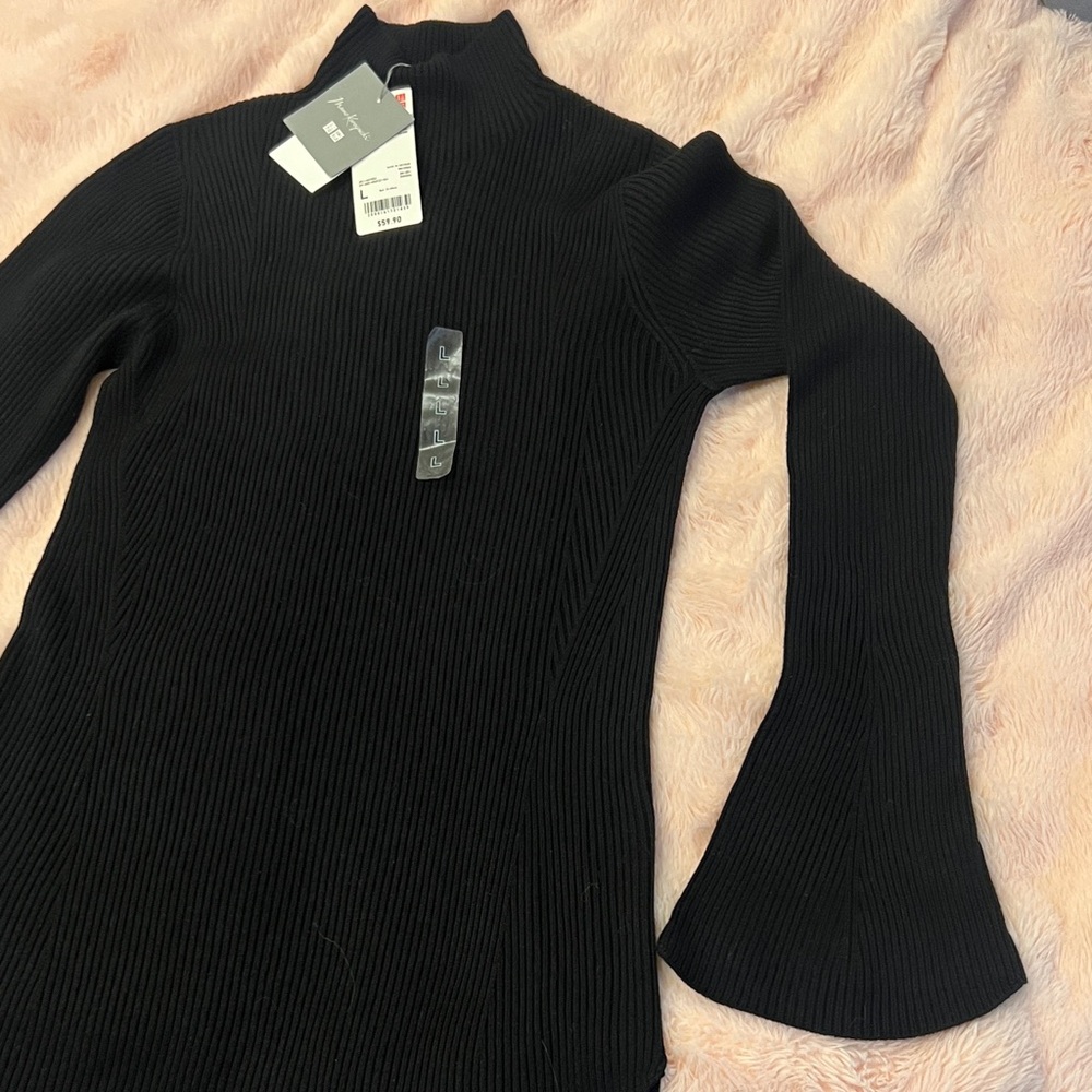 Mame Kawaguchi designed Black Ribbed Turtleneck Sweater with flare sleeve